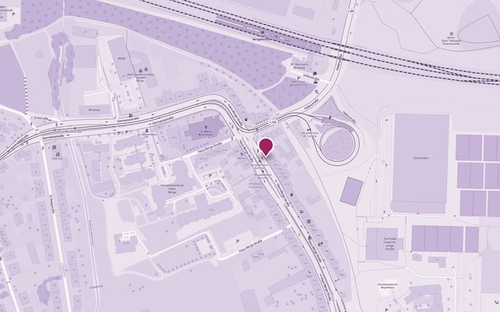 Kartenausschnitt Essen-Bergeborbeck: Die Markierung zeigt das Studio an der Haus-Berge-Straße 228, direkt an der Haltestelle.